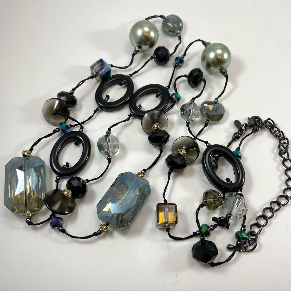 Premier Designs Black Tone AB Glass Beaded Knotted Corded Statement Necklace